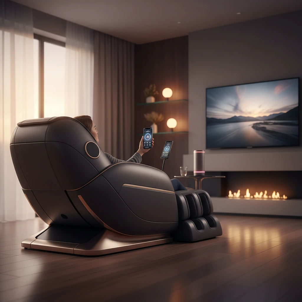 مبل ماساژ هوشمند لوکس در سالن پذیرایی مدرن با نورپردازی پریمیوم و تکنولوژی 4D